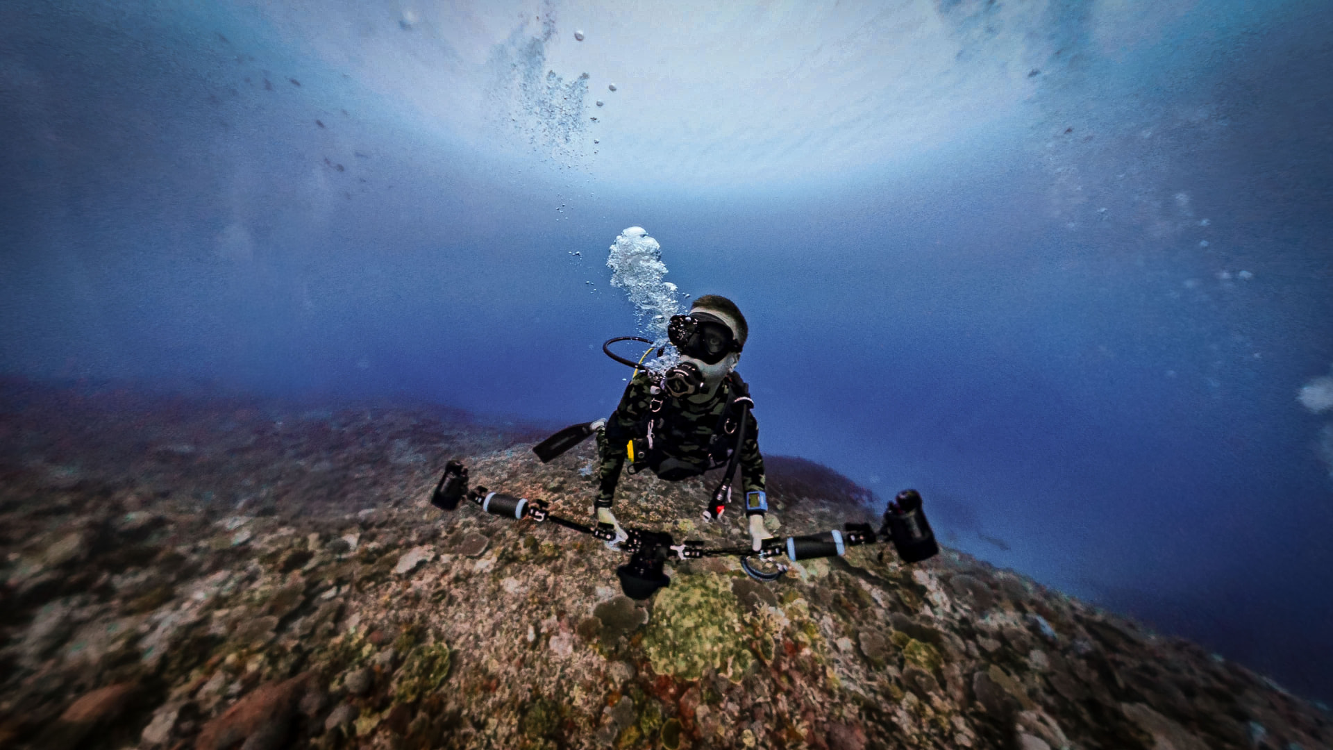 Matt Harris underwater with camera rig