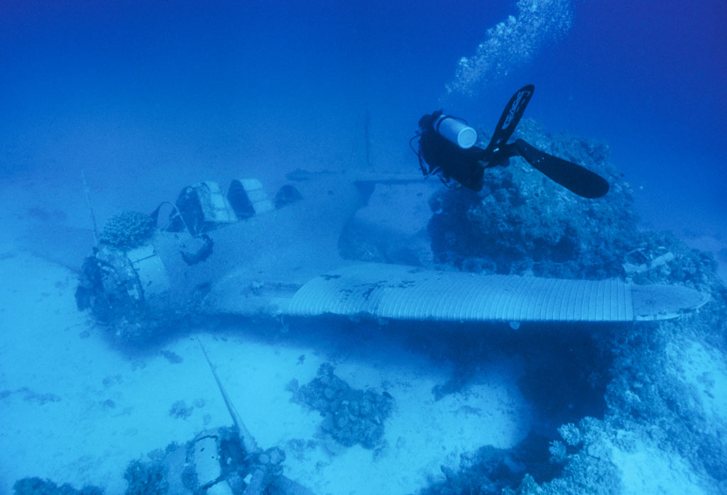 A diver hovering above the wing of a sunken aircraft overgrown with coral