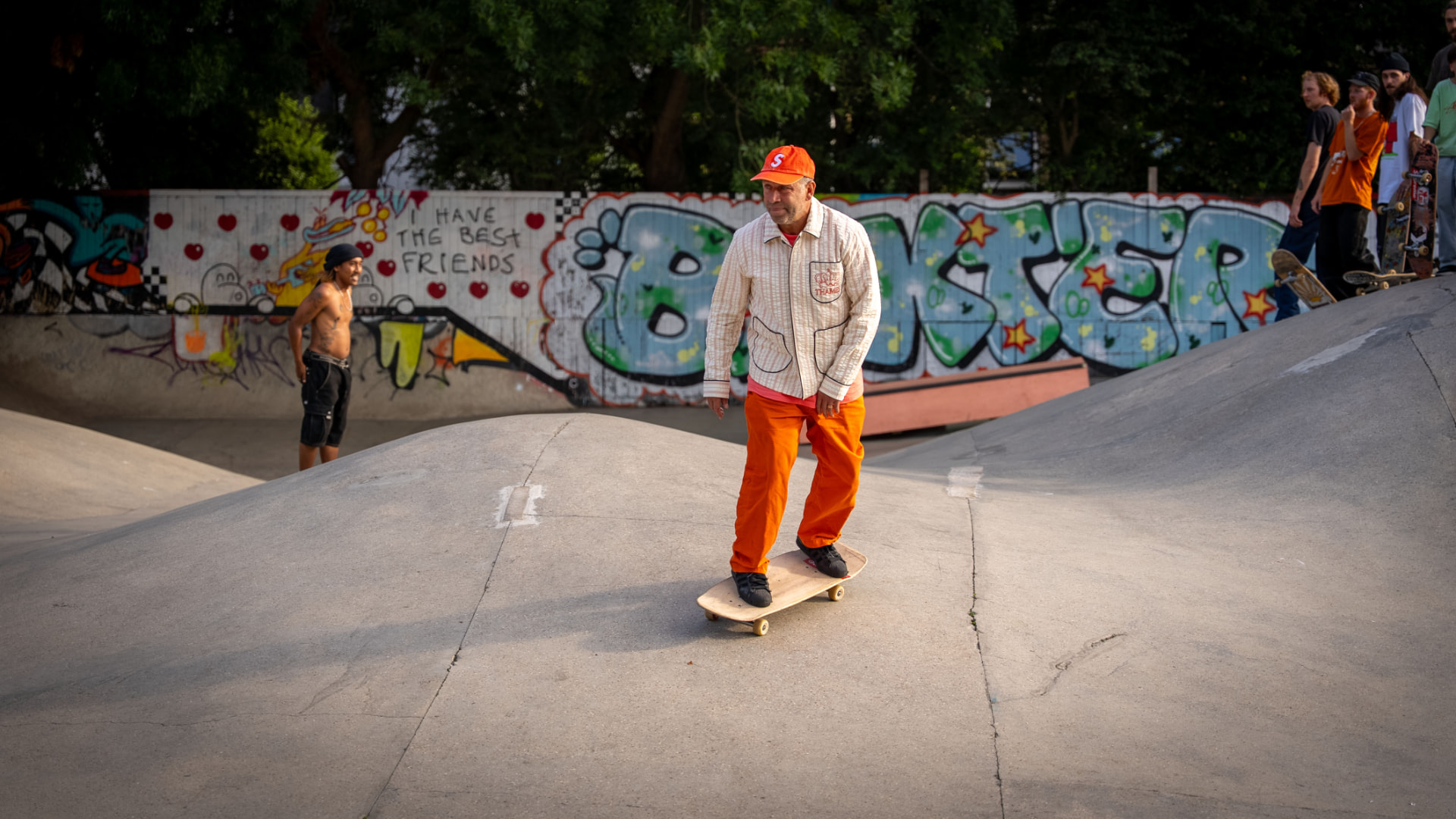 Mark Gonzales cruising across the smooth dome at Hackney Bumps Skatepark