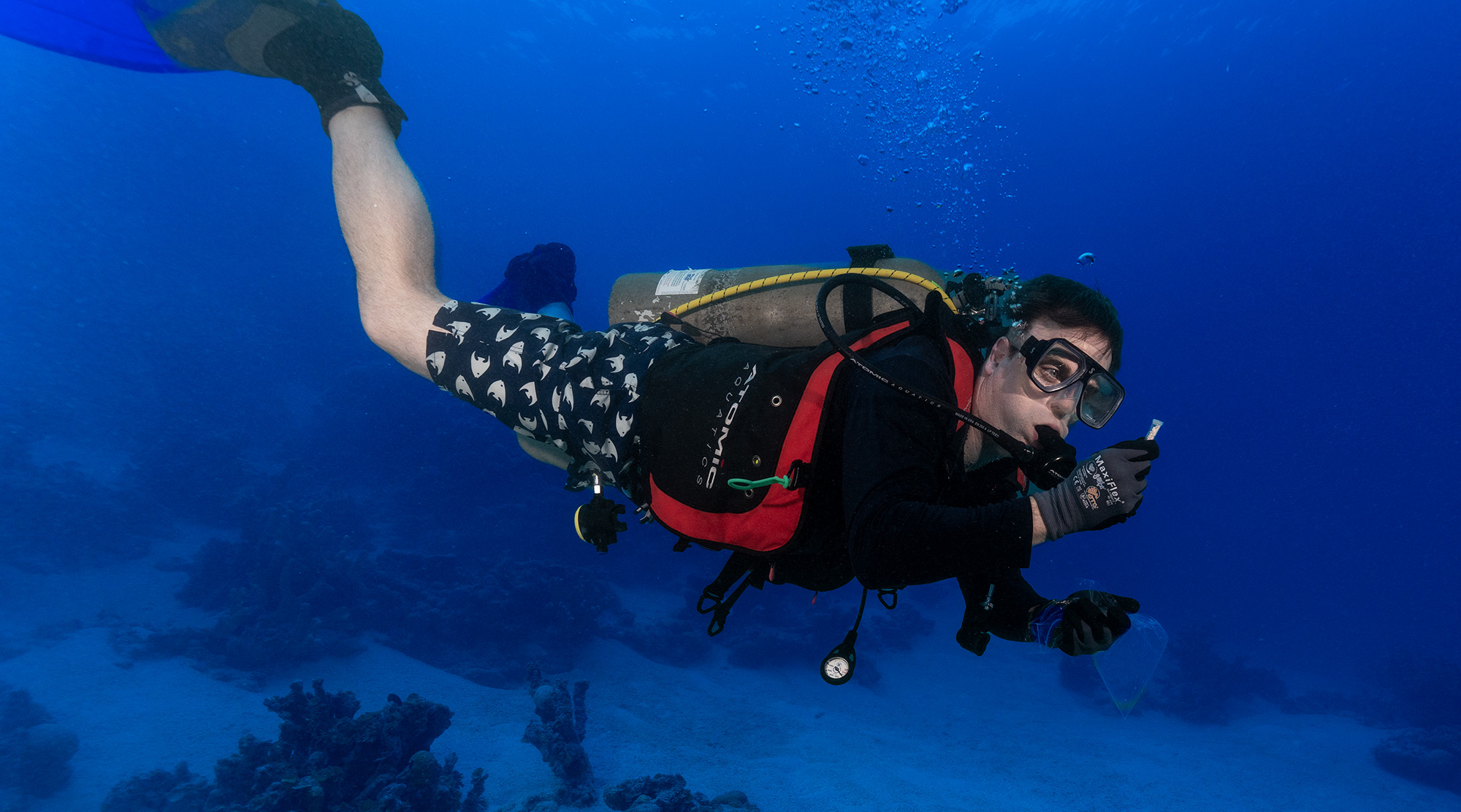 A diver collecting a water sample in open blue water